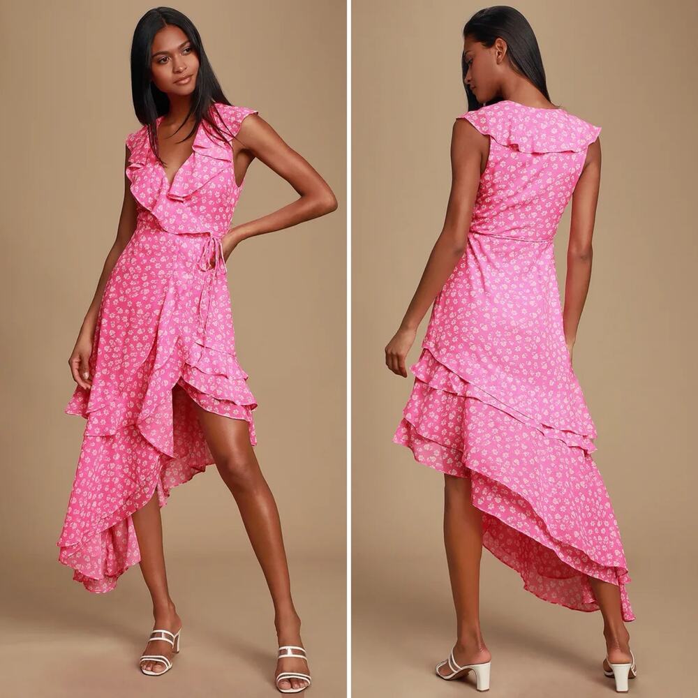 NWT Lulus Cornelia Fuchsia Pink Floral Print Ruffled Wrap Midi Dress Size Large